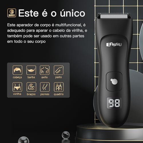 ENSSU Aparador de Pelos Íntimos Masculino, Maquina de Barbear Multifuncional, Barbeador Elétrico com Lamina Segura, IPX7 A Provad'Agua, Recarregável 1H, perfeito para Barba, Virilha, Peito, Abdomen, Axilas e Púbicos