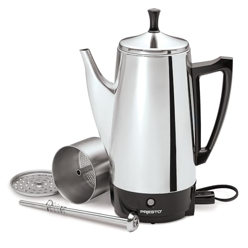 PRESTO 02811 STAINLESS STEEL ELECTRIC COFFEE PERCOLATOR – 12-CUPS, EASY-POUR SPOUT, STAY-COOL HANDLE, MAKE 2-12 CUPS