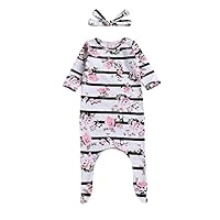 Buoyee Newborn Baby Sleepy Floral Striped Gown Headband Sleepwear Romper Sleeping Bags (6-12 Months, White)