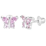Rhodium Plated Pink Tiny Butterfly Screw Back Earrings Baby Toddlers Kids