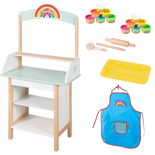 x Play-Doh Eisstand - Spielset aus FSC-zertifiziertem Holz mit 12 Knetdosen, Holzwerkzeug, Schürze & 3D-Matte - Kreativer Verkaufsstand ab 3 Jahren