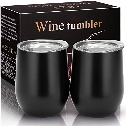 MASCOTKING Wine Glasses Tumbler - 12 oz 2 Pack - Double Wall Vacuum Insulated Cup with Lids for Keeping Wine, Coffee, Drinks - Beverage Warm in Winter -Perfect Mother's Day Gifts