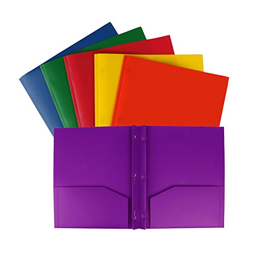Eagle Plastic Folders with 2 Pockets and 3 Prongs Fasteners, Letter Size, Assorted Colors, 6-Pack