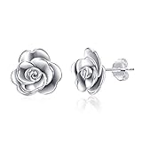 LUHE Rose Stud Earrings,Rose Pendant Necklace,Rose Bracelet, Rose Adjustable Rings,Sterling Silver 3D Rose Flower Jewelry Gifts,Romantic Gifts for Women Girls Her