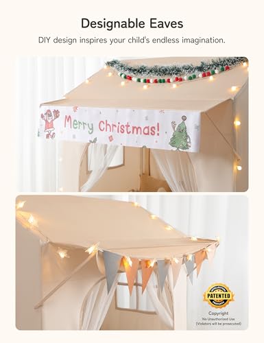 Besrey 2-in-1 Kids Play Tent with Canopy for Indoor and Outdoor Use with Lights, Bunting and Mat, Large Design for Reading and Creative Games - Ideal Christmas Gift for Kids