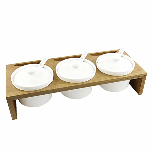 Condiment Spice Jar, Set of 3, 77L Ceramic Condiment Spice Jars with Serving Spoons and Ceramic Lids - Condiment Pots with Plain White Lids and Spoons and Bamboo Holder for Home and Kitchen - Thumbnail 5