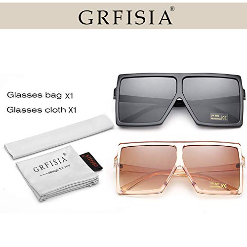 GRFISIA Square Oversized Sunglasses for Women Men Flat Top Fashion Shades (2PCS-Black-orange, 2.56)