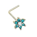 20g Stainless Steel 8mm Opalite Gem Flower L-shaped Nose Rings (Blue)