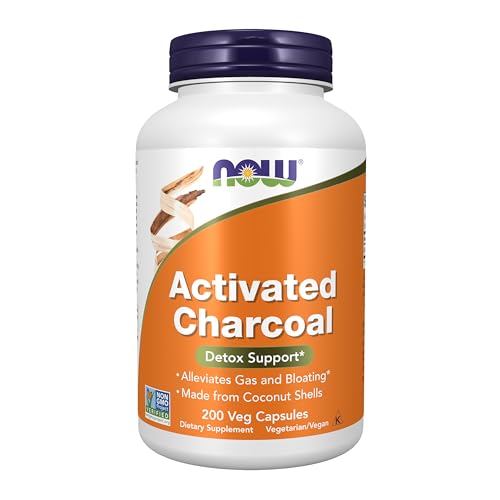NOW Supplements| Activated Charcoal Made from Coconut Shells, 200 Veg Capsules | Carbón activado elaborado con cáscaras de coco, 200 cápsulas vegetales
