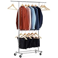 Bextsware Expandable Double Rod Clothing Garment Racks On Wheels, Heavy Duty Hanging Clothes Organizer Stand Adjustable Rolling Rack, Chrome