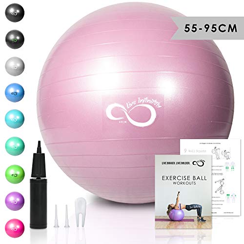 Live Infinitely Exercise Ball (55cm-95cm) Extra Thick Professional Grade Balance & Stability Ball- Anti Burst Tested Supports 2200lbs- Includes Hand Pump & Workout Guide Access (Rose, 65 cm)