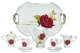 Miniature Collectible RED ROSE Porcelain Tea Set: Teapot, Sugar Bowl, Creamer, 2 Teacups, Serving Platter