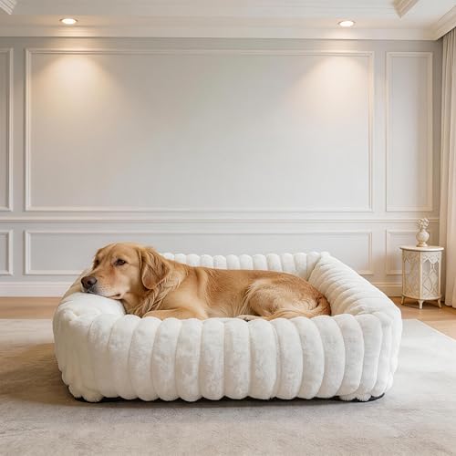 CareCooo M Rectangular Cream Wavy Texture Dog Bed - Soft Fluffy Cotton Filled Dog Bed Raised Edges Removable Cover Washable Non-Slip for Small to Medium Dogs