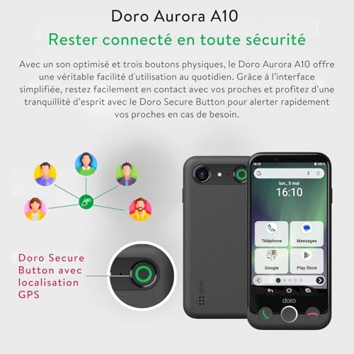 - Smartphone Aurora A10 - Téléphone Portable Senior - Facile à Utiliser - Touche d'Assistance avec Localisation GPS - Compatible Appareils Auditifs - Câble USB Inclus - Blanc