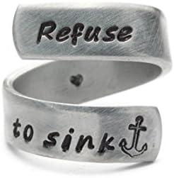 Refuse to Sink Adjustable Hand Stamped Wrap Ring, LARGE/EXTRA LARGE Size (Ring sizes 9 though 12), Survivor, Inspirational Jewelry
