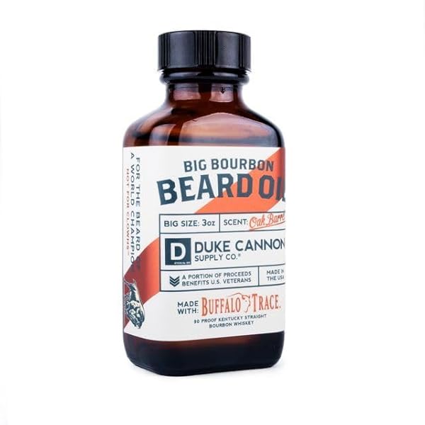 DUKE CANNON BIG BOURBON BEARD OIL – PREMIUM ORGANIC BLEND WITH APRICOT KERNEL, ARGAN, AND JOJOBA OILS, OAK BARREL SCENT, 3 OZ.