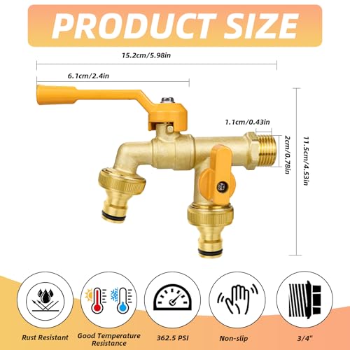 Double Garden Tap, 1/2-inch Garden Tap with Two 3/4-inch Brass Outdoor tap, Dual Ball Valve outlets with Dual Hose connectors, Rust-Proof and Freeze-Proof，Suitable for Gardens and Home Industries