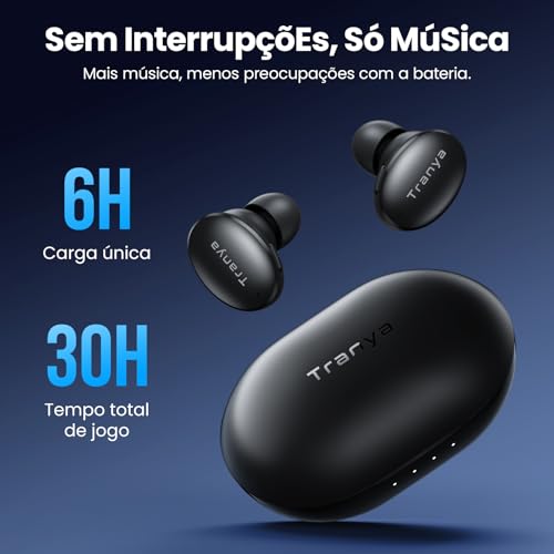 Tranya M20 Fones de Ouvido Bluetooth - 30 Horas de Bateria, À Prova de Suor, App Personalizável, Drivers de 14.2 mm com Graves Potentes, Microfone para Chamadas Claras - Preto Cósmico