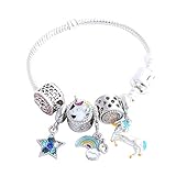Cute Bow Unicorn Bracelet for Girls, Pink Crystal Bracelet with Star, Rainbow and Unicorn Charm (6.3)