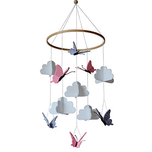 Sorrel and Fern Crib Mobile Butterflies in the Clouds Grey and Pink Baby Ceiling Nursery Decor with Natural Wooden Teether