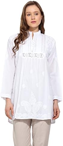 Women's White Chikankari Emroidered Front Pintuck Mandarin Collar Tunic XL