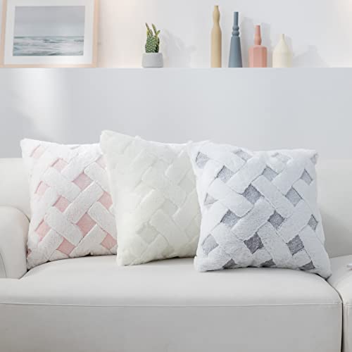 Cozy Bliss Faux Fur Pillow Covers Luxury Super Soft Plush Fleece Throw Pillowcase, Textured Knitted Cushion Cover Decorative Pillowcases for Sofa Couch Bed Chair Car (Pink, 18