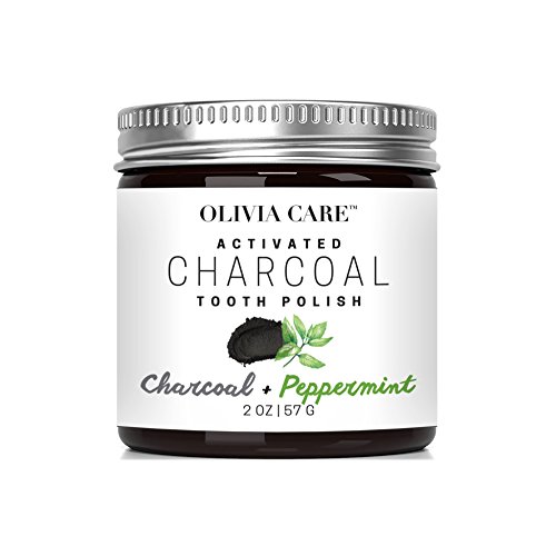 OLIVIA CARE Charcoal Tooth Polish - Flavors: WINTERGREEN, PEPPERMINT, COCONUT, TURMERIC -Natural Whitening, Anti Fungal White Clay that fights Stains, Cavities, Bad Breath, Gum Disease (Peppermint)