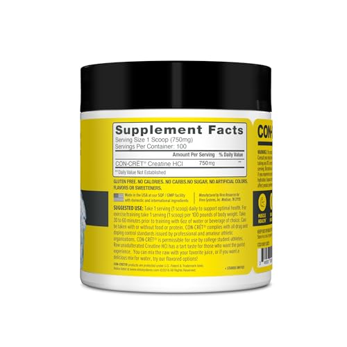 CON-CRET Creatine HCl Powder | Muscle, Cognitive, Cellular Energy Support | No Bloating or Cramps | USA Made & NSF Certified | Unflavored (100 Serving)