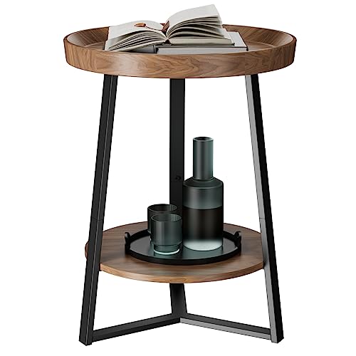 Gadroad Round End Table with Storage Shelf, 2 Tier Farmhouse Circle Side Table Nightstand for Living Room, Bedroom, Wood Tabletop & Black Metal Frame (15.7 * 15.7 * 23 inches, Cherry Wood Grain)