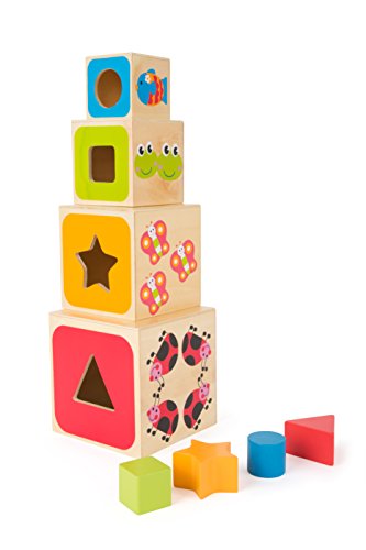 Small Foot Stapelwürfel aus Holz, mit bunten Tiermotiven und integriertem Steckspiel, für Kinder ab 12 Monate, 10627…