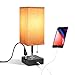 USB Bedside Table & Desk Lamp with USB Port and Outlet, Acaxin Wood Minimalism Lamp, Black Wood Base Unique Fabric Shade, Special Pull Chain Lamp for Bedroom/Nightstand/End Table/Living Room