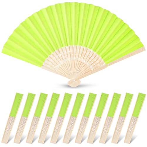 JOHOUSE Foldable Bamboo Fans, 12PCS Eastern Style Handheld Fan Japanese Chinese Fan for DIY Decoration Wedding Dancing Party Summer Green