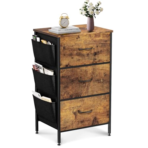 FURRIFIC Cómoda Gran Capacidad de 3 Cajones,70 * 40 * 29cm,Marrón | Cajonera para Recamara,Ropa,Hogar Y Oficina,Organizador Cajonera de Estructura Metal con Cajones de Tela