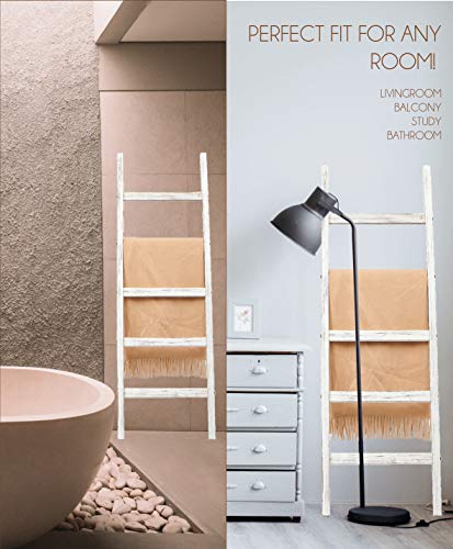 BALIBETOV Blanket Ladder-Decorative Wooden Blanket Rustic Ladder Bathroom Shelf- -Bathroom Decoration-Wooden Clothes Drying Rack-White Shelf-Ladder Bookshelf-Towel Rack Stand (Rustic White, 4)