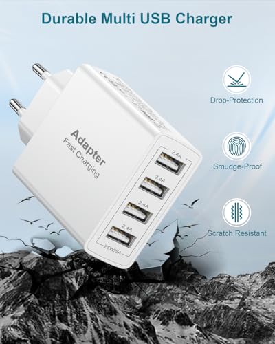 USB Charger, 4 Ports 25W/5A Plug U-SB Multiple Mobile Charger Fast Charging C-argador USB Multiple Fast Charger Carregador for iPhone 17/16/15/14/13/12/11/X/8, Samsung S25/S23/S22, Xiaomi
