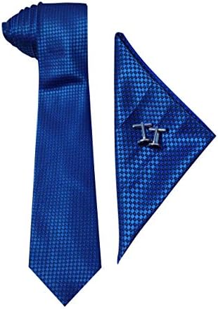 Blue Color Self Design Men's Necktie + Stone Cufflinks+ Pocket Square Collections in Handcrafted Designer Gift Box