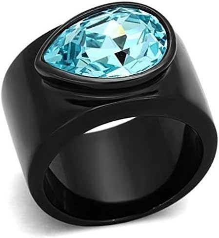 Jewelryfinds Women Black Stainless Steel Pear Sea Blue Aquamarine Cz Wide Band Ring 5-10