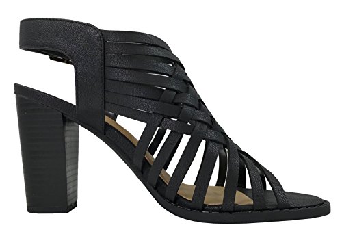 City Classified Open Toe Perforated Lace up Elastic Side Stacked Chunky Heel Sandal, Black, 7
