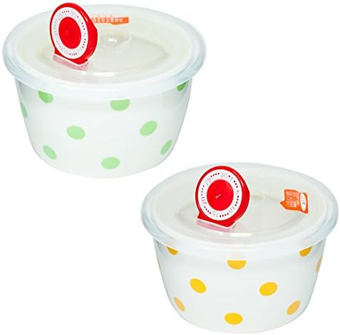 2 Piece Ceramic Bowl Set with Plastic Lids (Microwave and Dishwasher Safe) , Green/Orange Polka-Dots Print