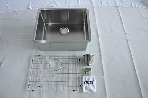 KRIZTO 23 Inch Single Bowl Undermount 16Gauge Stainless Steel Kitchen Sink, 10 Inch Deep Bowl, 10mm Radius Corners, with FREE Stainless Steel Sink Basket Strainer, Sink Bottom Grid, Sink Accessories