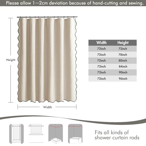 MIULEE Beige Scalloped Shower Curtain Linen Textured with 12 Metal Hooks Cute Heavy Duty Washable Waterproof Neutral Thick Cloth Shower Curtains with Black Border for Bathroom Bathtub,W72*L72 Cream
