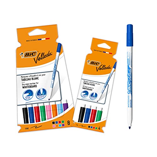 BIC Velleda Fine Whiteboard Dry Wipe Markers, Assorted Colours, Pack Of 12