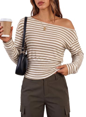 Dokotoo Lady Striped Off the Shoulder Crew Neck Blouses,Apricot Stripe,XL at Amazon