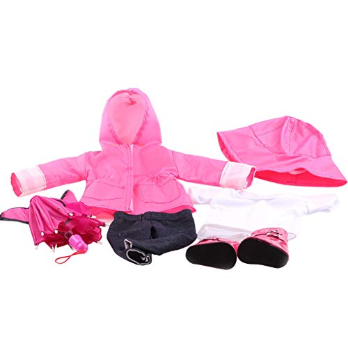 Rucan 6Pcs/Set Doll Raincoat T-Shirt Hat Trousers Boots Umbrella Clothes for 18 Inch American Girl Doll Accessory (A)