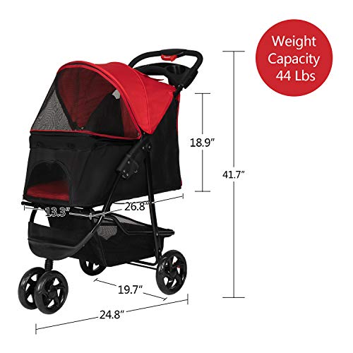 Peachtree Press Inc Foldable Pet Stroller Portable Travel Carrier for Dogs/Cats 3 Wheeler Pet Cart with Storage Basket Waterproof Cup Holders Red
