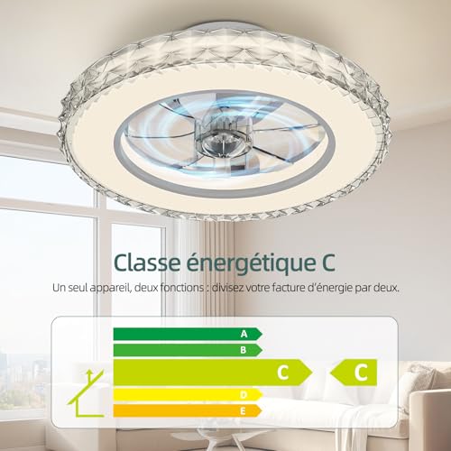 Ateroll Crystal Ceiling Fan with Light Ø43.5 cm, 3000K-4000K-6500K+RGB, 6 Adjustable Ventilation Speeds with Remote Control, Timer, Memory Light, Reversible Fan