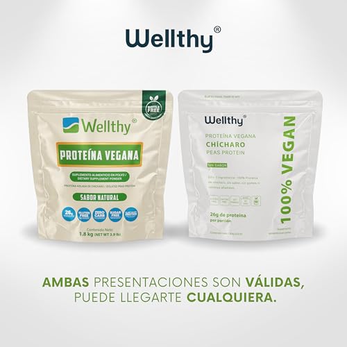 Wellthy Peas Protein Proteína Vegana de Chícharo 1.8kg. 60 Porciones por Envase, 100% Natural, 100% Plant Based, Low Carb, Gluten Free, Sugar Free, Bottle Free.