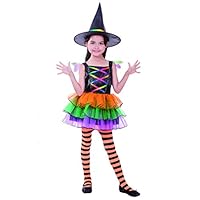 Aicker Girls Fairytale Witch Costume - Cute Storybook Fun Kids Tutu Dress with Hat for Halloween Cosplay Party (L)