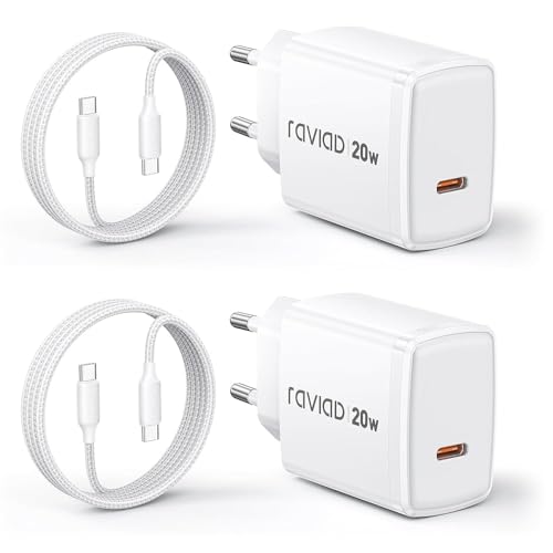 RAVIAD 20W Cargador USB C, 2 Pack Cargador iPhone Carga Rapida USB C Enchufe con 2 Cables USB C 2M, Carga Rapida Tipo C Charger Compatible con iPhone 17 16 15, Galaxy S25 S24 S23, iPad Pro, Macbook