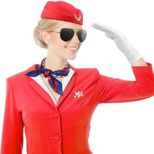 LBOYLOVE® 6 Pcs Flight Attendant Costume Accessories, Flight Attendant Cosplay Costume for Halloween, Hat, Sunglasses, Scarf Gloves and Pins, Flight Attendant Dress Up for Halloween Party, Theme Party
